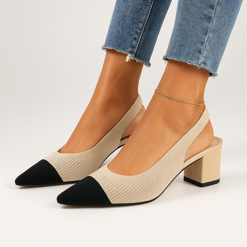 Dam Slingback Skor Spetsig Tå Låg Blockklack Mjuk Stickad Struktur 1