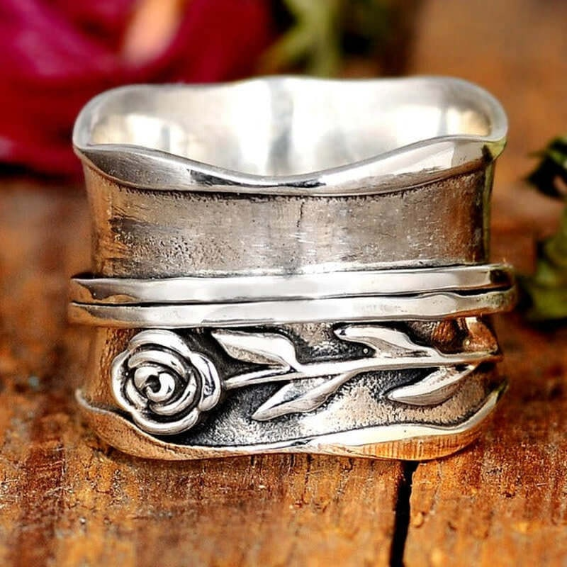 Dam Smycke Blommotiv Handgjord Silverring Med Justerbar Storlek 1