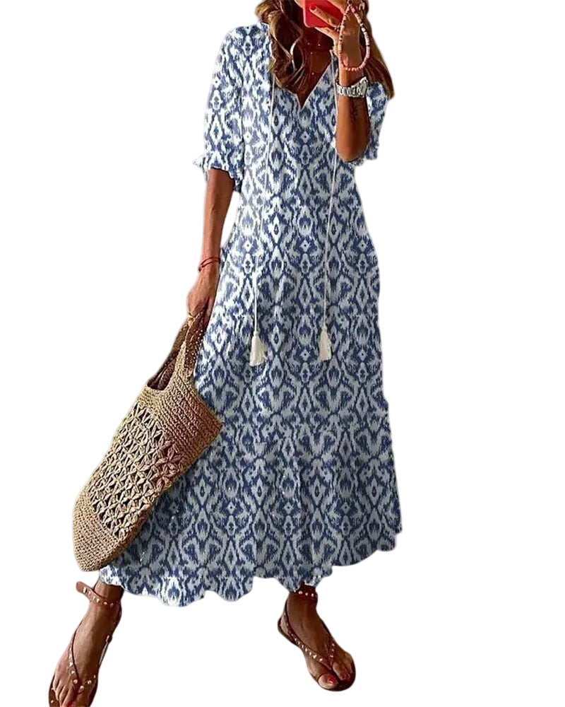 Dam Sommarklänning Boho Vintage Med V-Ringning 0