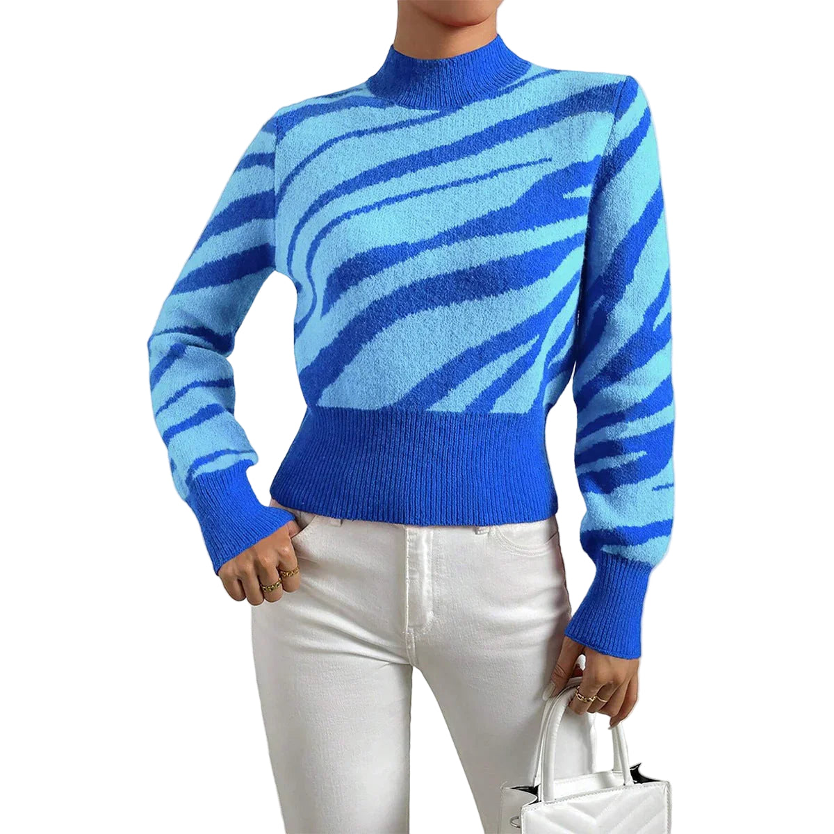 Dam Stickad Tröja Zebramönster Halvhög Hals Trendig 0