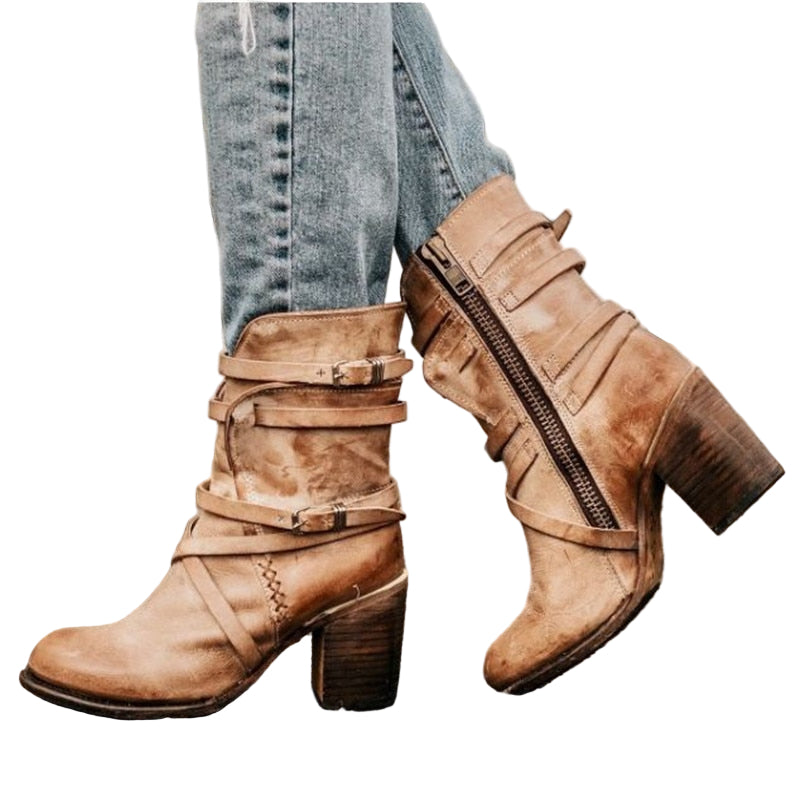 Dam Stövlar Ankelboots Chunky Klack Med Distressed Finish 0
