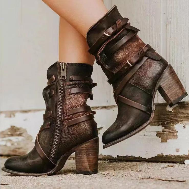 Dam Stövlar Ankelboots Chunky Klack Med Distressed Finish 1