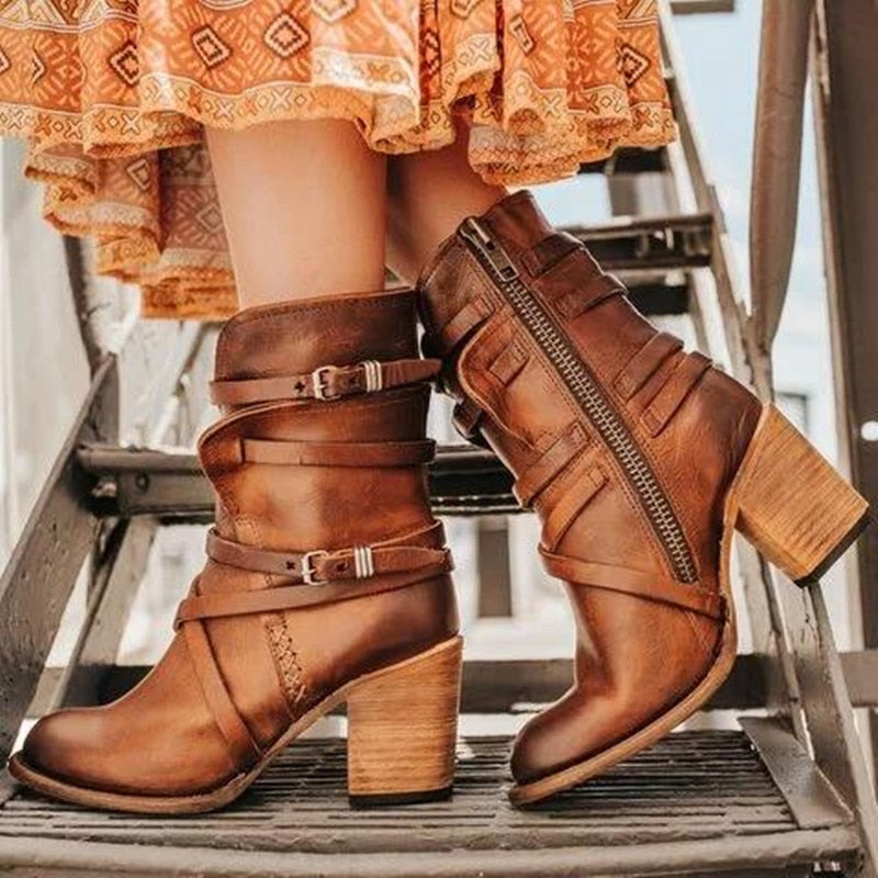 Dam Stövlar Ankelboots Chunky Klack Med Distressed Finish 2