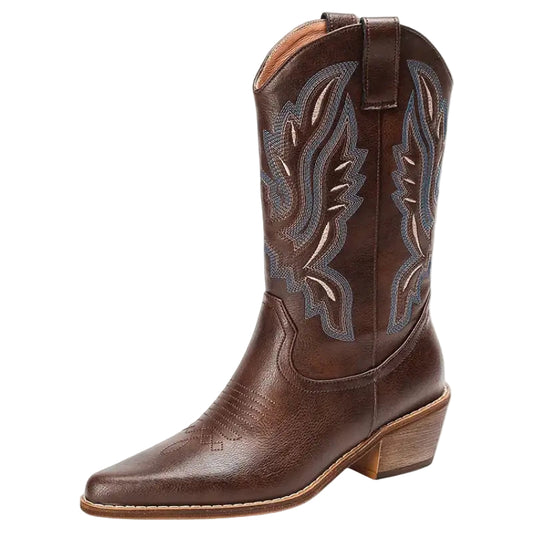 Dam Stövlar Cowboy Traditionell Läder med Broderade Detaljer 0