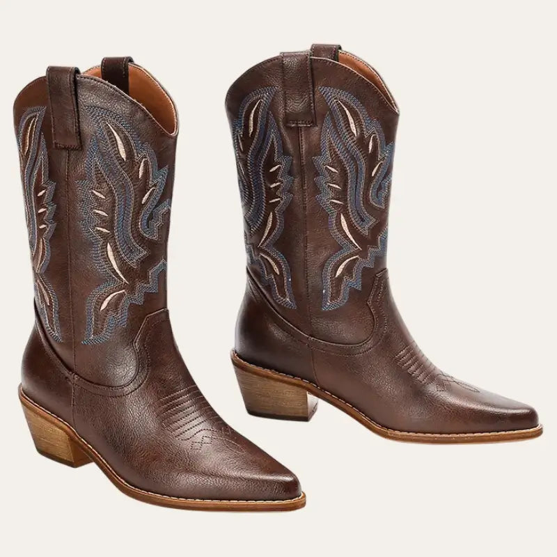 Dam Stövlar Cowboy Traditionell Läder med Broderade Detaljer 1