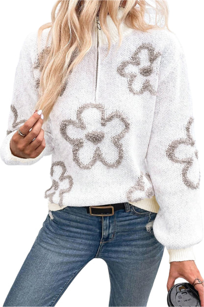Dam Sweater med Blommotiv och Halvdragkedja 0