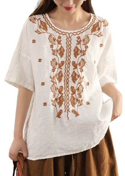 Dam T-shirt O-hals Broderad Sommarstil 0