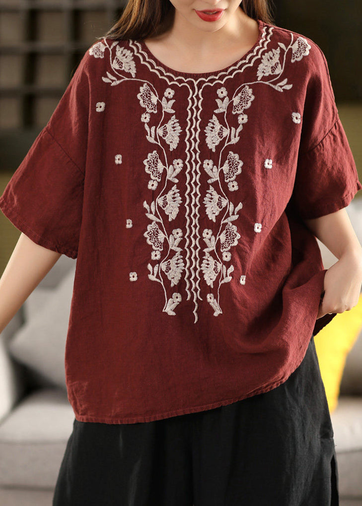 Dam T-shirt O-hals Broderad Sommarstil 2