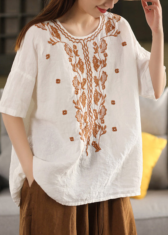Dam T-shirt O-hals Broderad Sommarstil 3