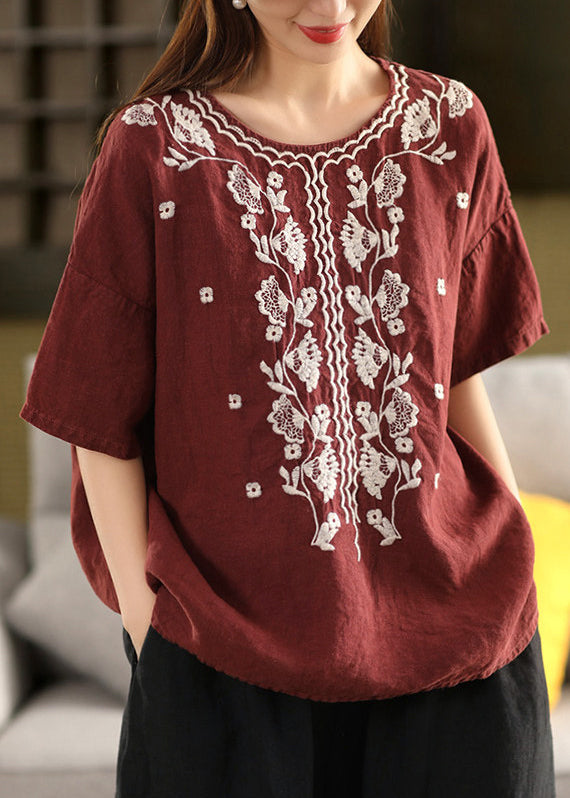 Dam T-shirt O-hals Broderad Sommarstil 4