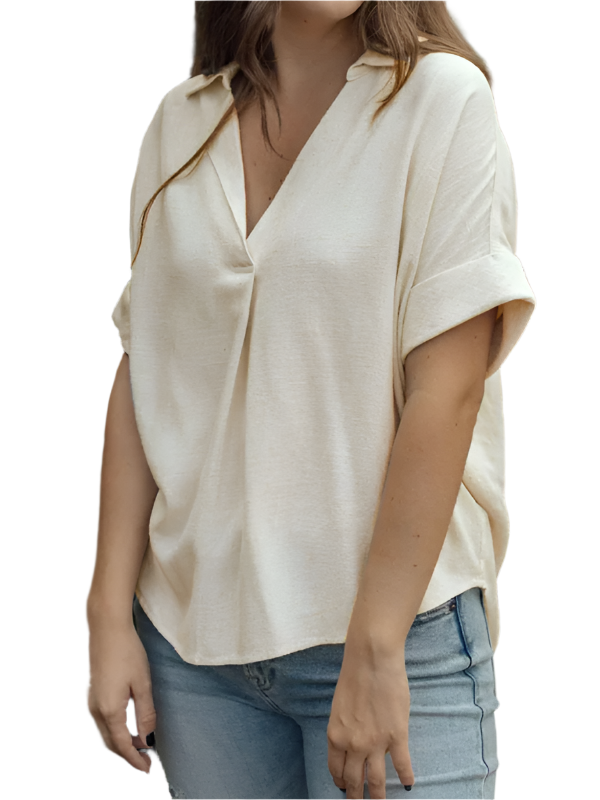 Dam T-shirt i solid färg av bomull och linne 0