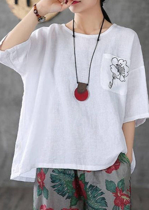 Dam T-shirt med O-hals och broderidetaljer 0