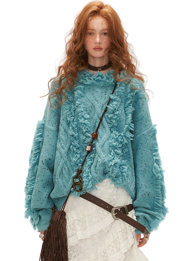 Dam Tjock Stickad Tröja med Kall Axel 0