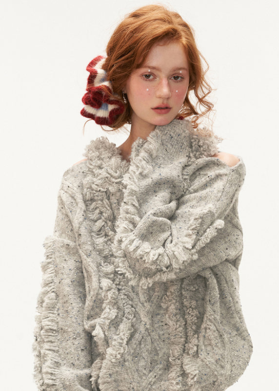 Dam Tjock Stickad Tröja med Kall Axel 3