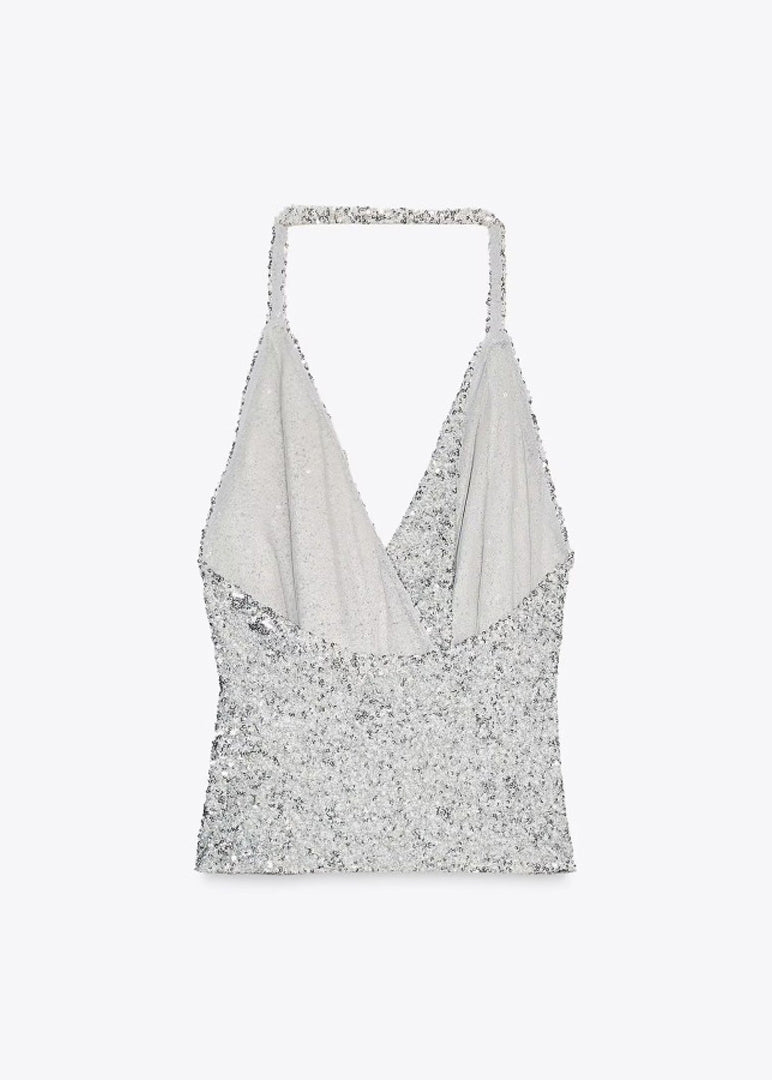 Dam Topp Halter Paljetter Ärmlös 4