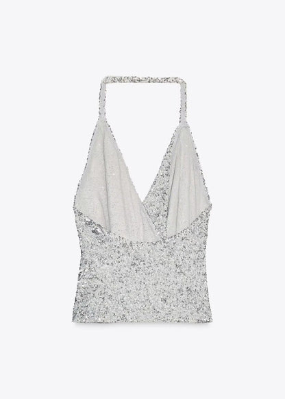 Dam Topp Halter Paljetter Ärmlös 4