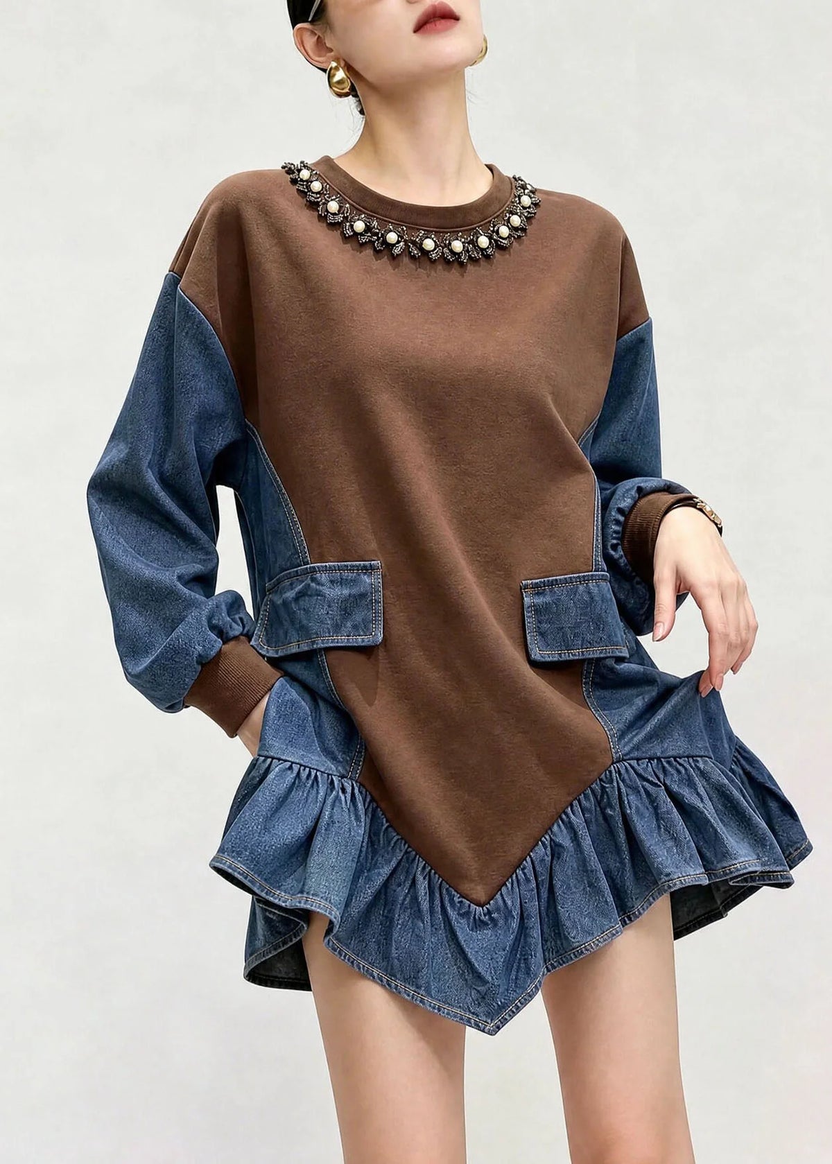 Dam Topp O-ringad Asymmetrisk Patchwork Denim 1