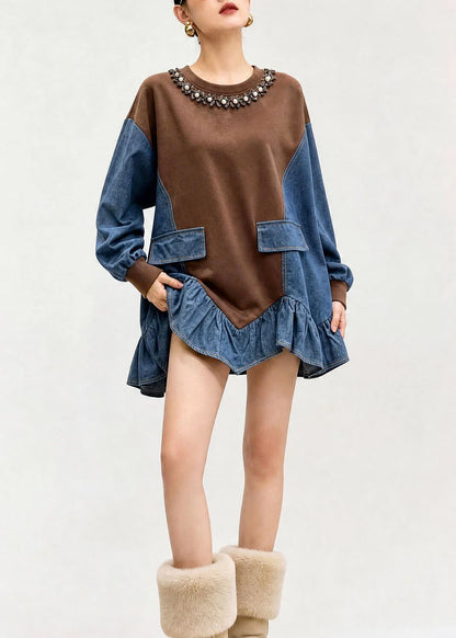 Dam Topp O-ringad Asymmetrisk Patchwork Denim 3