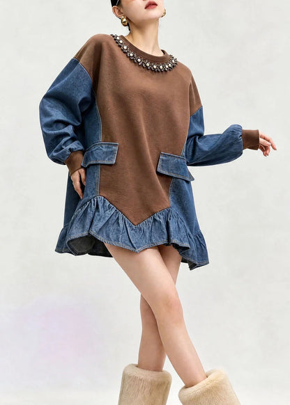Dam Topp O-ringad Asymmetrisk Patchwork Denim 4
