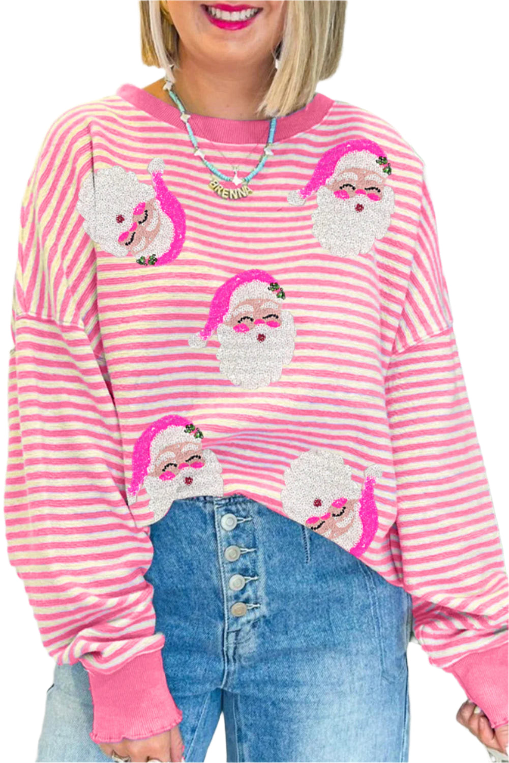 Dam Topp med Lång Ärmar och Santa Claus Tryck i Rosa Randig Design 0