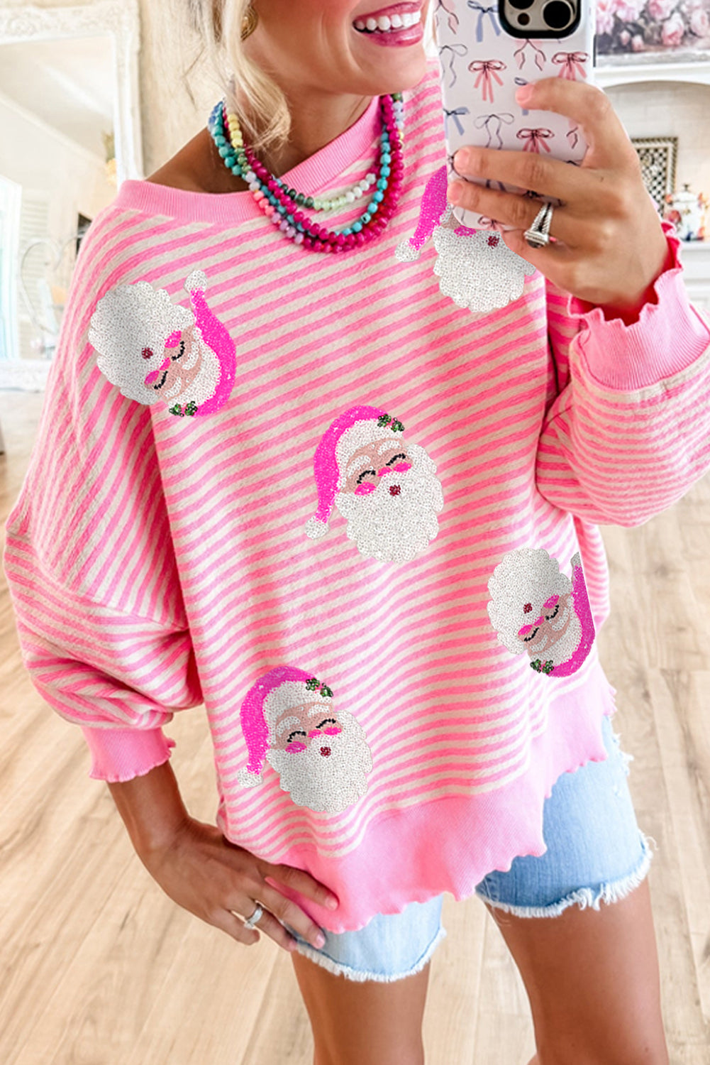 Dam Topp med Lång Ärmar och Santa Claus Tryck i Rosa Randig Design 3