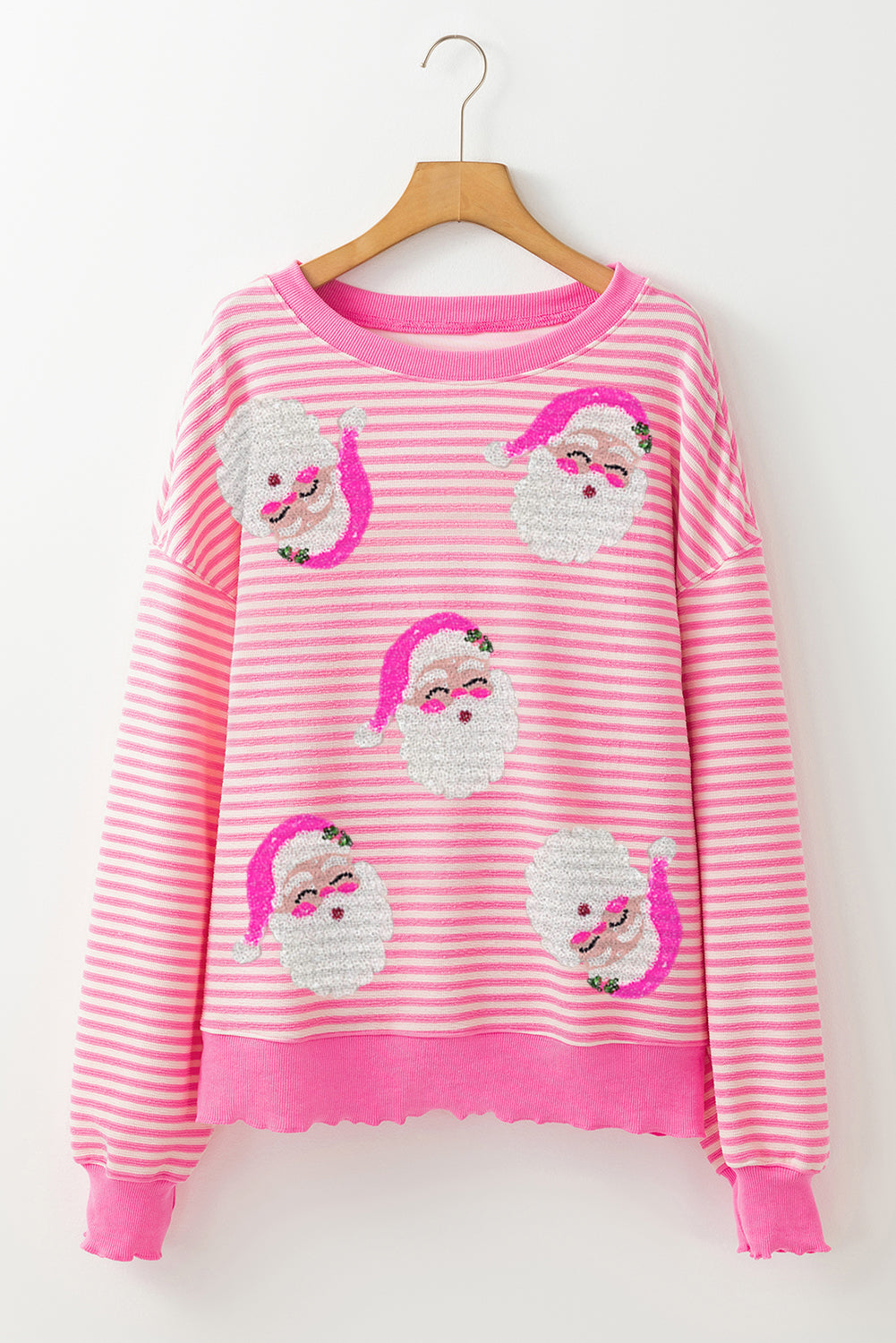 Dam Topp med Lång Ärmar och Santa Claus Tryck i Rosa Randig Design 4