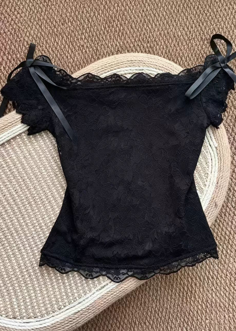 Dam Topp med Slash Halsringning och Rosett Detalj 0