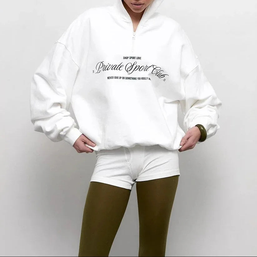 Dam Tröja Oversized Med Halv Dragkedja och Djärvt Bokstavstryck 1