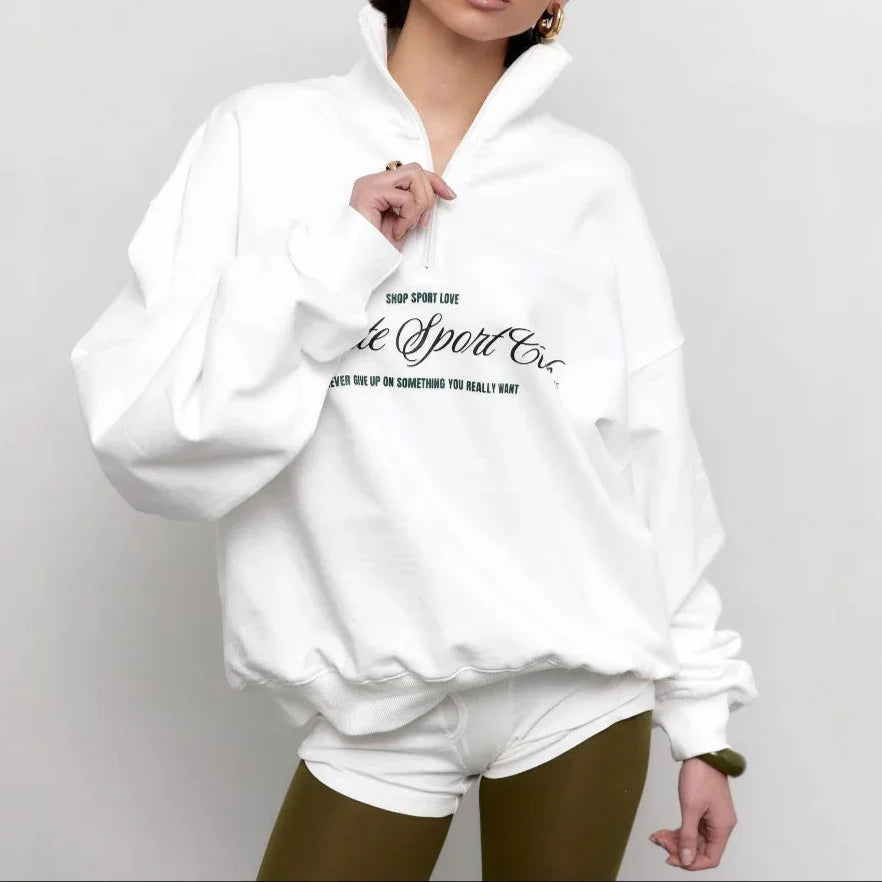 Dam Tröja Oversized Med Halv Dragkedja och Djärvt Bokstavstryck 2