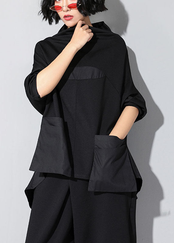 Dam Turtleneck Tröja med Fickor och Patchwork Avslappnad Passform 2