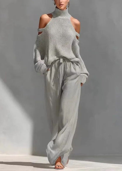 Dam Tvådelat Set Turtleneck och Vida Byxor Bohemisk Stil 1