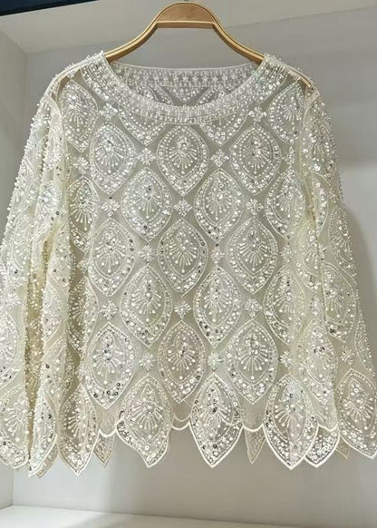 Dam Tylltopp Broderad med Nagelpärlor Sommarstil 4