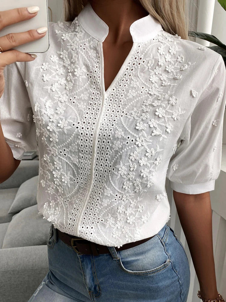 Dam V-ringad Blommig Broderad Blus 0