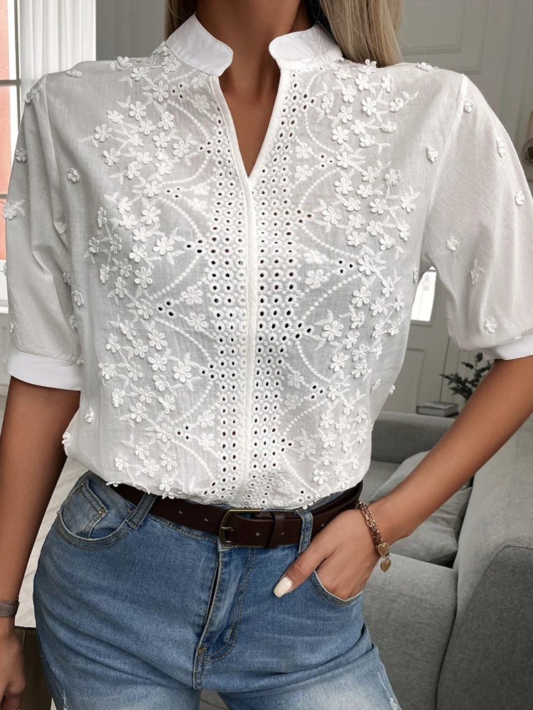Dam V-ringad Blommig Broderad Blus 1