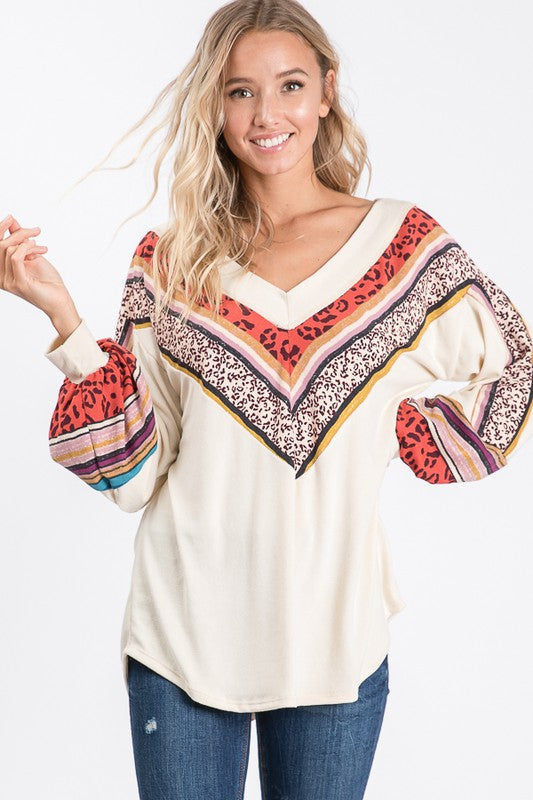 Dam V-ringad Blus med Biskopärmar Lätt Tyg 3