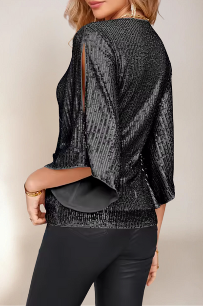 Dam Wrap Blus Glittrande Polyester med Flödande Ärmar 1
