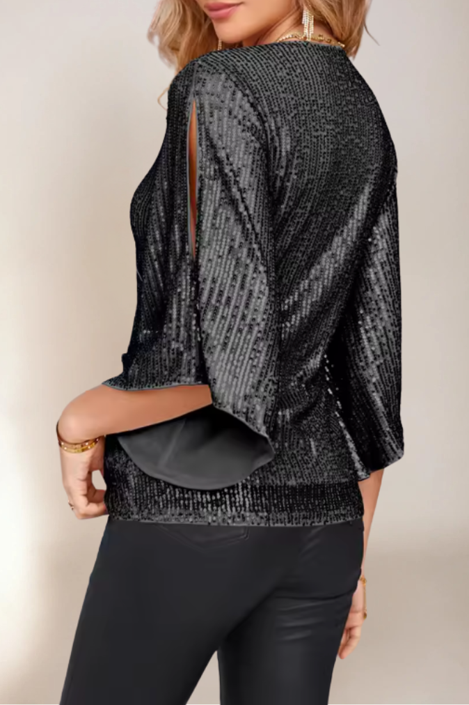 Dam Wrap Blus Glittrande Polyester med Flödande Ärmar 1