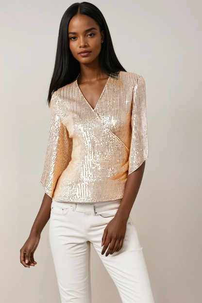 Dam Wrap Blus Glittrande Polyester med Flödande Ärmar 2