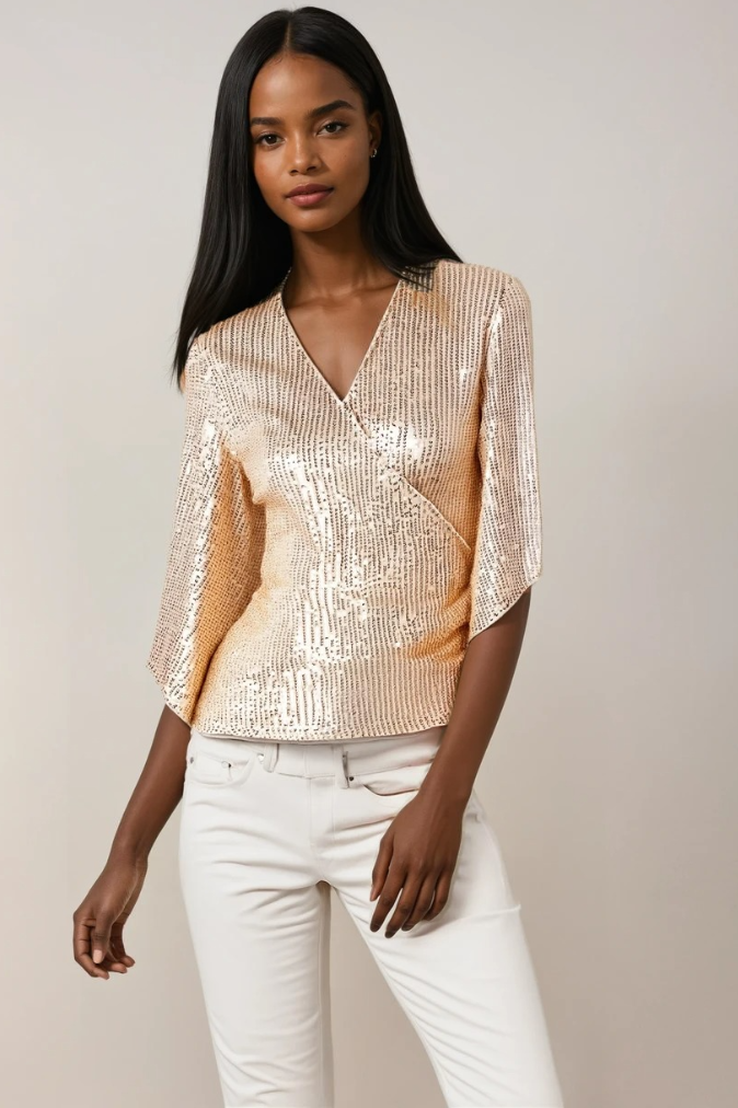 Dam Wrap Blus Glittrande Polyester med Flödande Ärmar 2