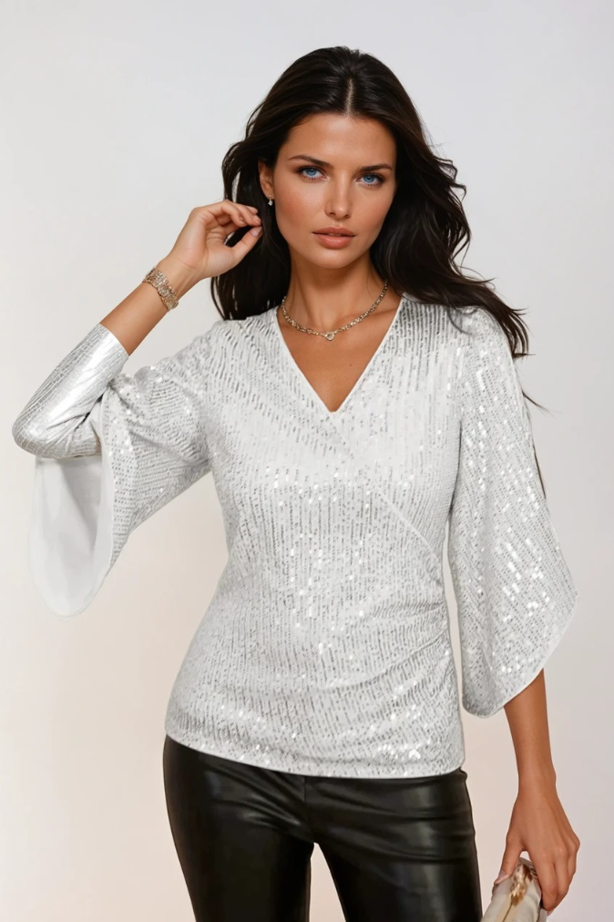 Dam Wrap Blus Glittrande Polyester med Flödande Ärmar 3
