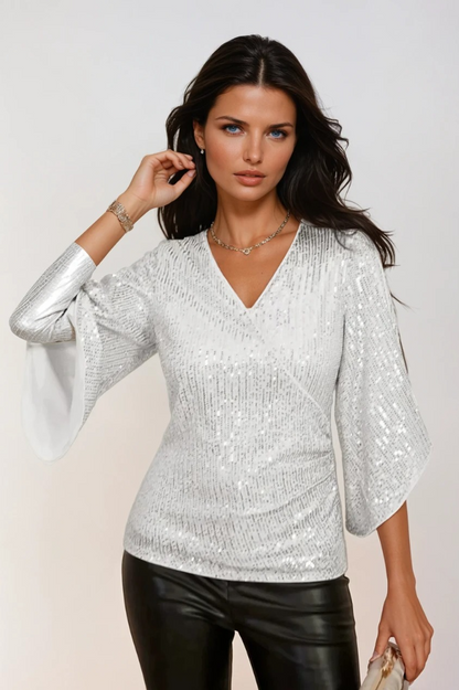 Dam Wrap Blus Glittrande Polyester med Flödande Ärmar 3