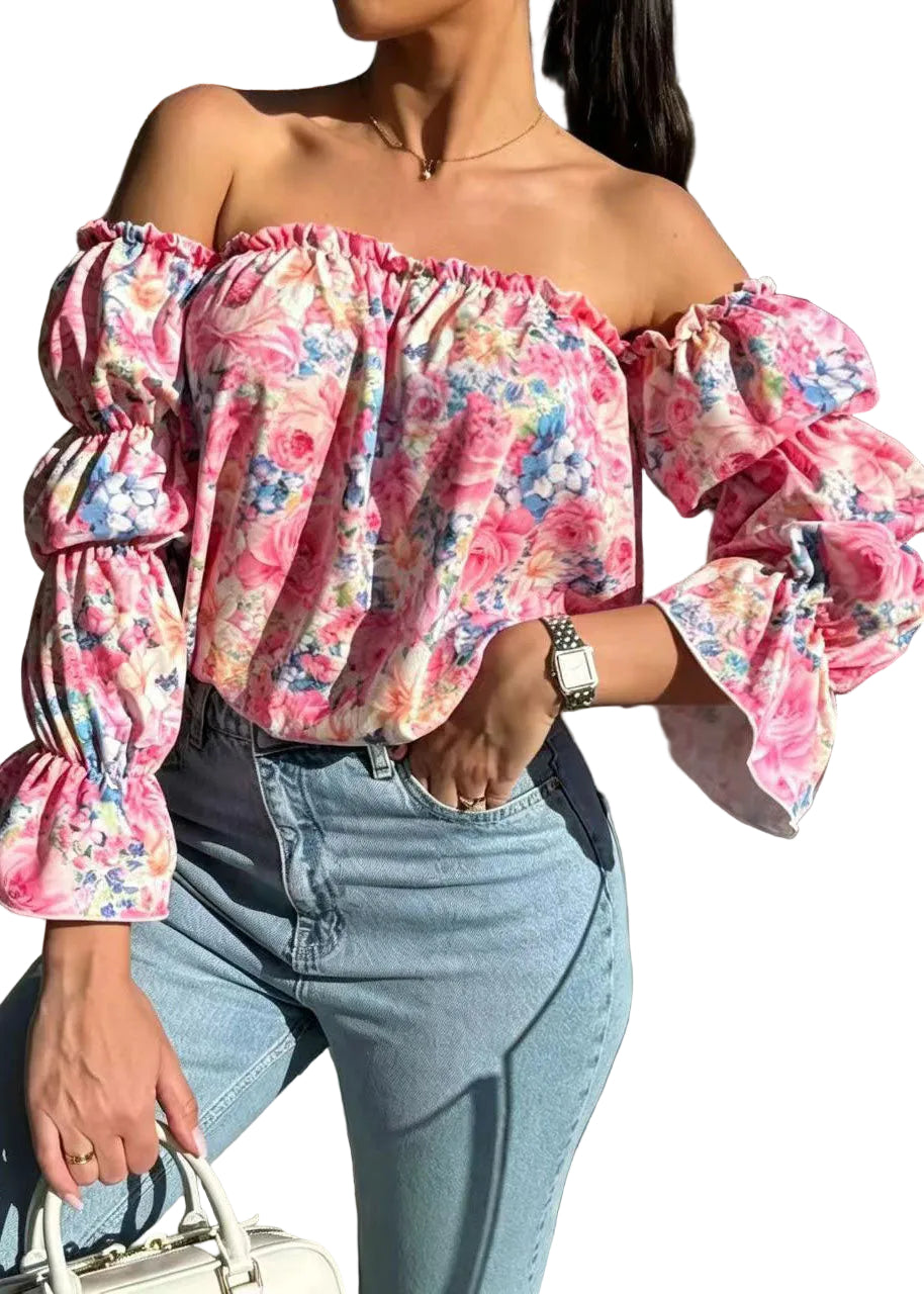 Damblus med Slash Neck och Puffärm för Damer 0