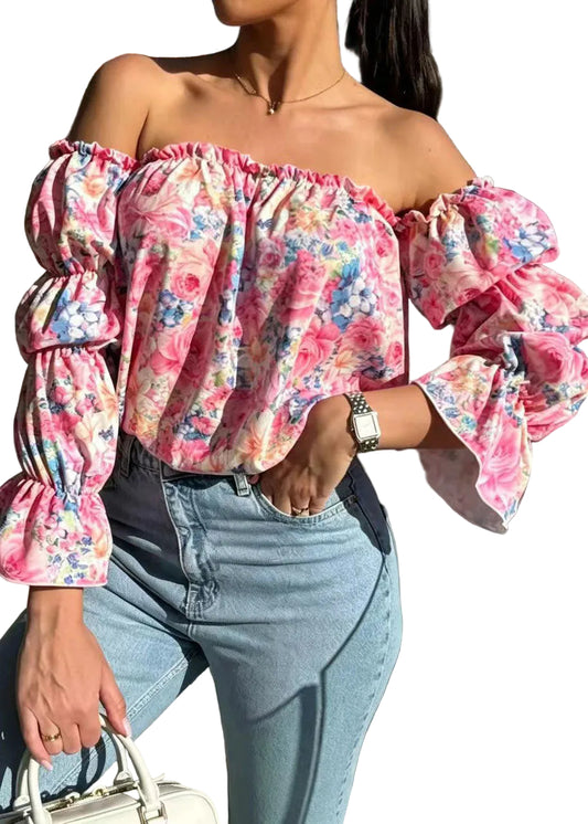 Damblus med Slash Neck och Puffärm för Damer 0