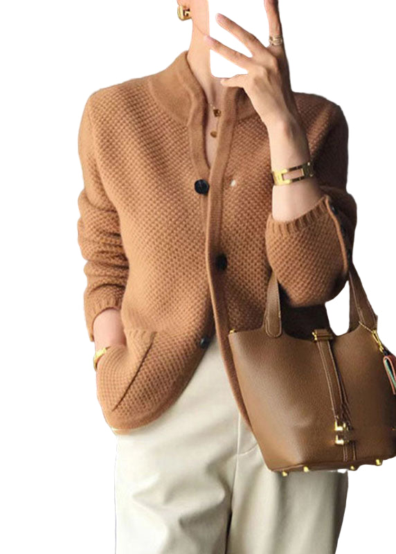 Damens Cardigan i Beige med Ståkrage och Knappdesign 1