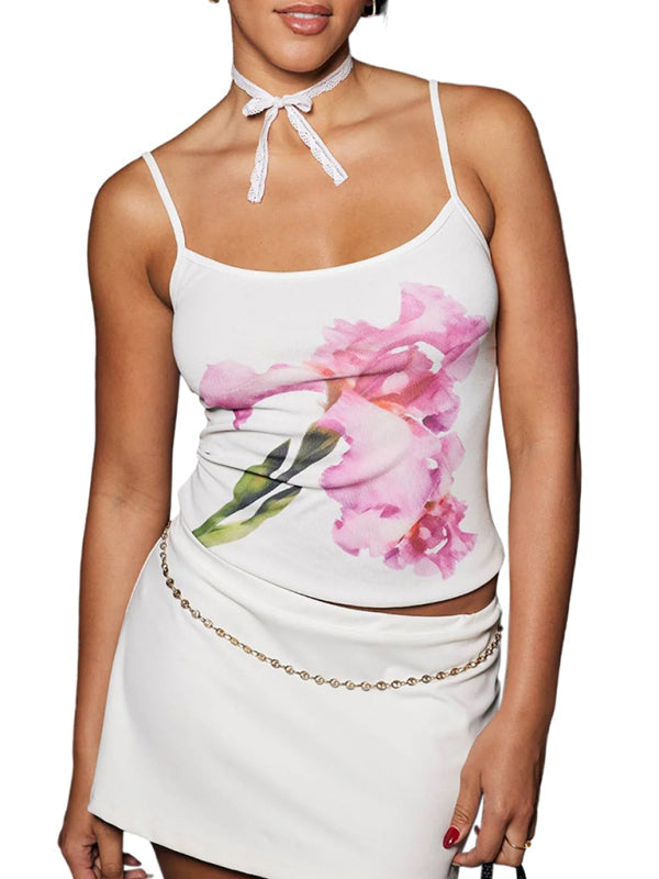 Damens Crop Top Blommig Tryck Rygglös Spagettiband 4