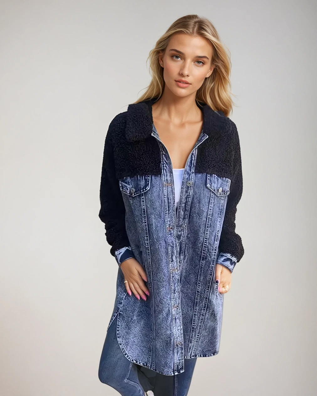 Damens Denim Överrock med Ulldetaljer 1