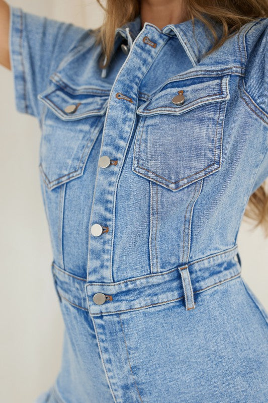 Damens Denim Romper Med Knappar och Fransad Kant 2