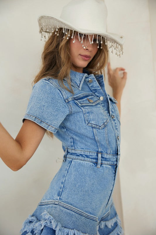 Damens Denim Romper Med Knappar och Fransad Kant 5