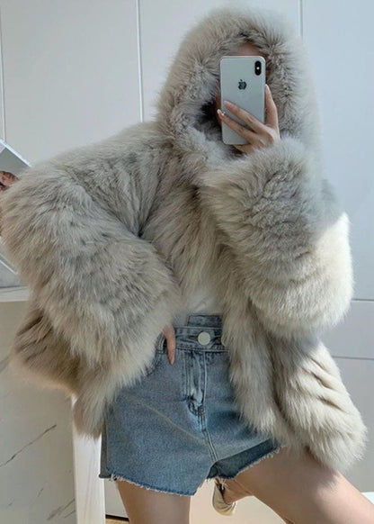 Damens Fuzzy Fur Jacka med Huva och Patchwork 1
