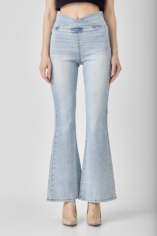 Damens Hög Midja Byxor Flair Ljus Denim 1